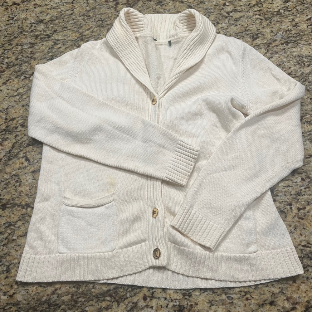 Lauren Ralph Womens Shawl Collar Cardigan Cream White Gold Button Sweater M